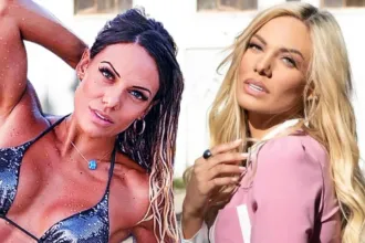 Κολάζ "πριν και μετά" της Ιωάννας Μαλέσκου: Αριστερά ως δασκάλα στην Κρήτη και δεξιά ως λαμπερή παρουσιάστρια του ΣΚΑΪ.