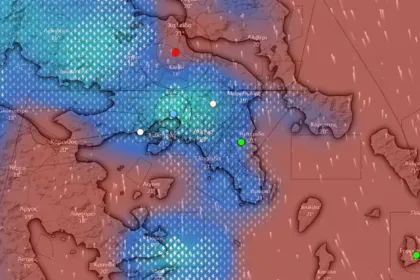 Χάρτης με περιοχές της Ελλάδας που επηρεάζονται από έντονη κακοκαιρία.