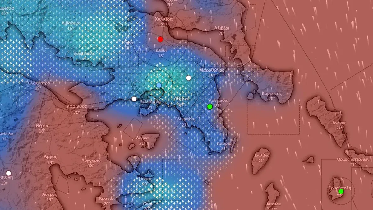 Χάρτης με περιοχές της Ελλάδας που επηρεάζονται από έντονη κακοκαιρία.
