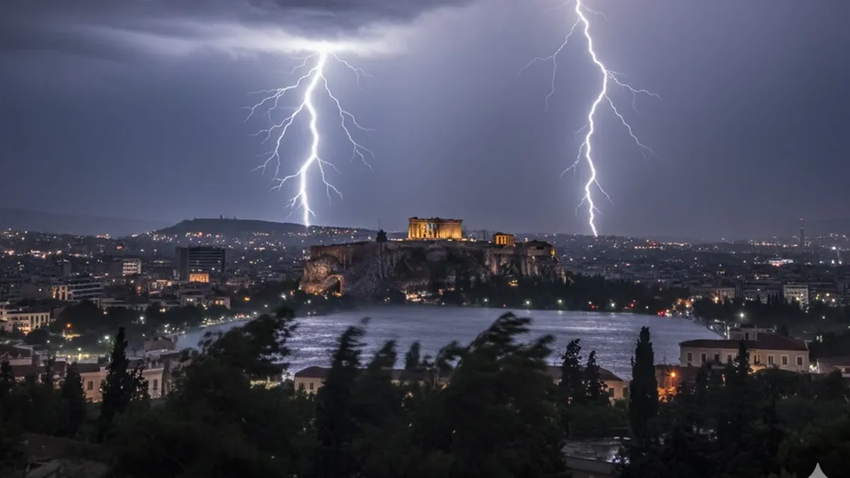 Χάρτης κακοκαιρίας με έντονες βροχές και καταιγίδες σε πολλές περιοχές της Ελλάδας.