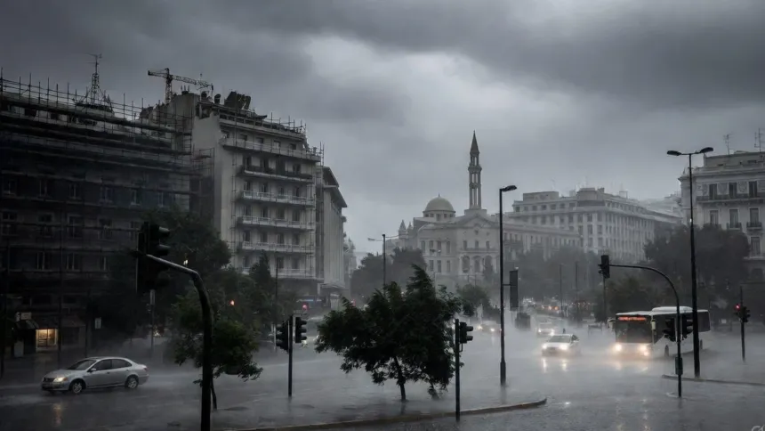 Πλατεία στο κέντρο της Αθήνας με ορατό τον Πύργο του Αγίου Κωνσταντίνου στο βάθος, βυθισμένη σε σφοδρή νεροποντή. Οι δρόμοι έχουν μετατραπεί σε λίμνες, τα δέντρα λυγίζουν από τον αέρα, τα φανάρια και τα αυτοκίνητα αντανακλούν στα νερά και ο ουρανός είναι σκοτεινός και μολυβένιος. Σκηνή ακραίων καιρικών φαινομένων στην Αθήνα.