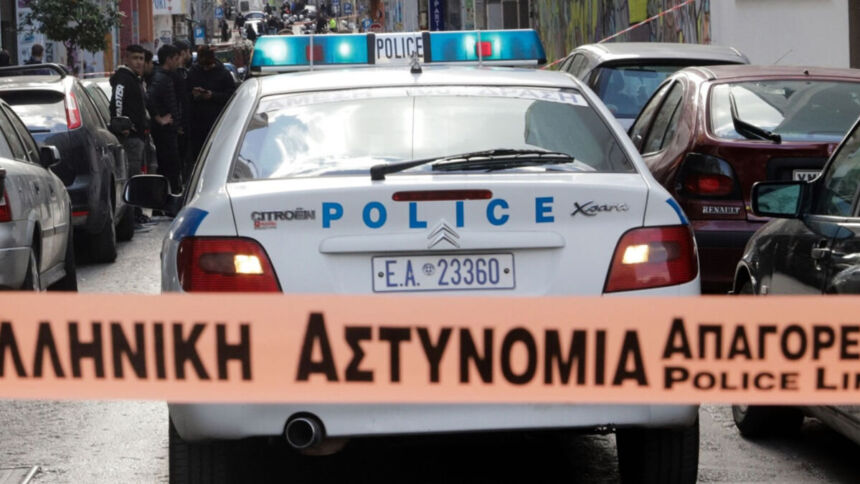 Αστυνομική κορδέλα και περιπολικό έξω από κρεοπωλείο στο Κιλκίς, τόπος δυστυχήματος.