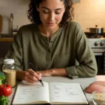 Νεαρή γυναίκα κάθεται στον πάγκο της κουζίνας και συμπληρώνει πίνακα εβδομαδιαίου meal plan, με υγιεινά υλικά όπως καρότα, μπρόκολο, κινόα, κοτόπουλο και αυγά δίπλα της – πρακτικός οδηγός εξοικονόμησης χρόνου και χρημάτων