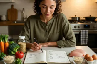 Νεαρή γυναίκα κάθεται στον πάγκο της κουζίνας και συμπληρώνει πίνακα εβδομαδιαίου meal plan, με υγιεινά υλικά όπως καρότα, μπρόκολο, κινόα, κοτόπουλο και αυγά δίπλα της – πρακτικός οδηγός εξοικονόμησης χρόνου και χρημάτων