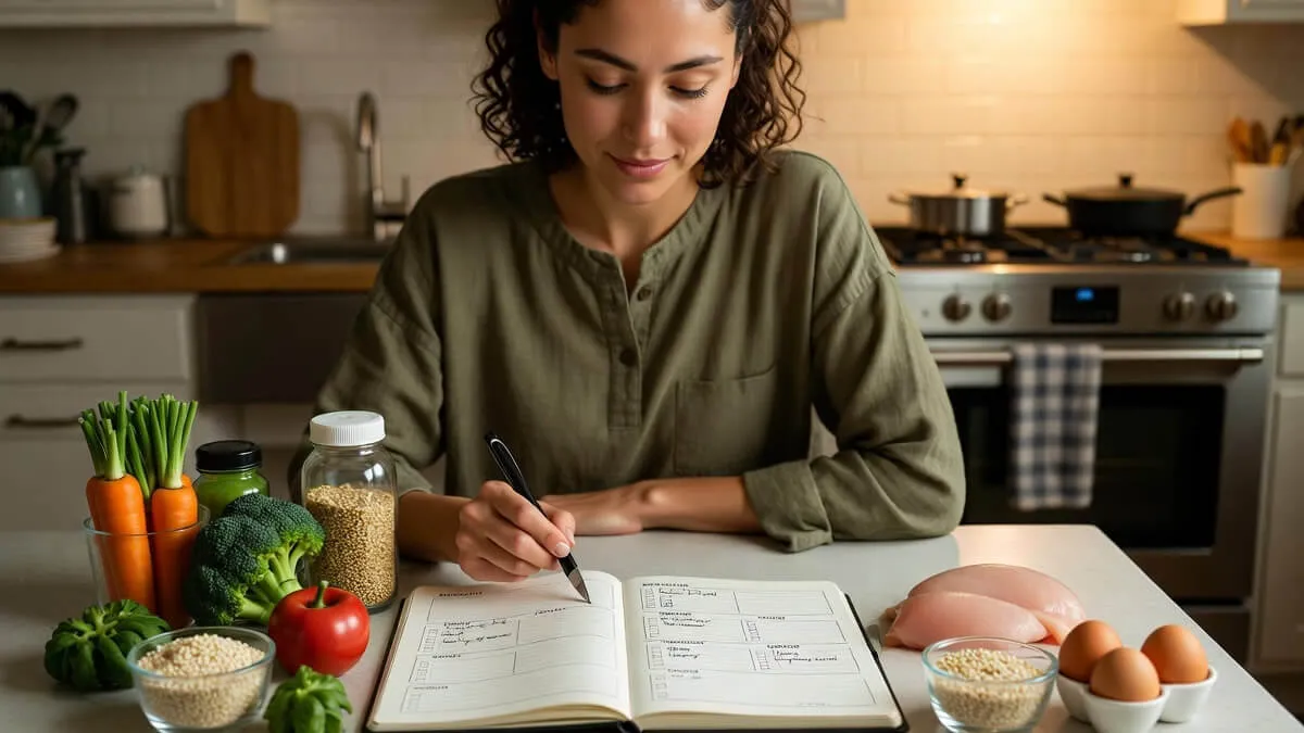 Νεαρή γυναίκα κάθεται στον πάγκο της κουζίνας και συμπληρώνει πίνακα εβδομαδιαίου meal plan, με υγιεινά υλικά όπως καρότα, μπρόκολο, κινόα, κοτόπουλο και αυγά δίπλα της – πρακτικός οδηγός εξοικονόμησης χρόνου και χρημάτων