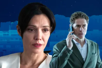 Αρετή και Οδυσσέας με φόντο το σήμα της σειράς Μια Νύχτα Μόνο