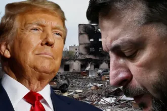 Πορτραίτο του Βολοντίμιρ Ζελένσκι σε σοβαρή έκφραση, φόντο διπλωματικής αίθουσας – συμβολίζει την κρίσιμη διαπραγμάτευση για την ειρήνη στην Ουκρανία