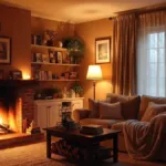 Ζεστό και φωτεινό σαλόνι με αναμμένο τζάκι, χοντρές κουβέρτες, βαριές κουρτίνες και αναμμένα κεριά που δημιουργούν cozy ατμόσφαιρα