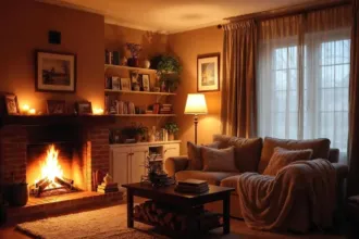 Ζεστό και φωτεινό σαλόνι με αναμμένο τζάκι, χοντρές κουβέρτες, βαριές κουρτίνες και αναμμένα κεριά που δημιουργούν cozy ατμόσφαιρα