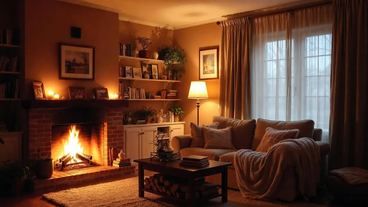Ζεστό και φωτεινό σαλόνι με αναμμένο τζάκι, χοντρές κουβέρτες, βαριές κουρτίνες και αναμμένα κεριά που δημιουργούν cozy ατμόσφαιρα