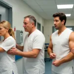 Γυναίκα σε διάδρομο νοσοκομείου με χιουμοριστική ατμόσφαιρα και έκπληξη