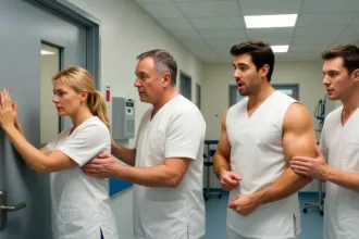 Γυναίκα σε διάδρομο νοσοκομείου με χιουμοριστική ατμόσφαιρα και έκπληξη