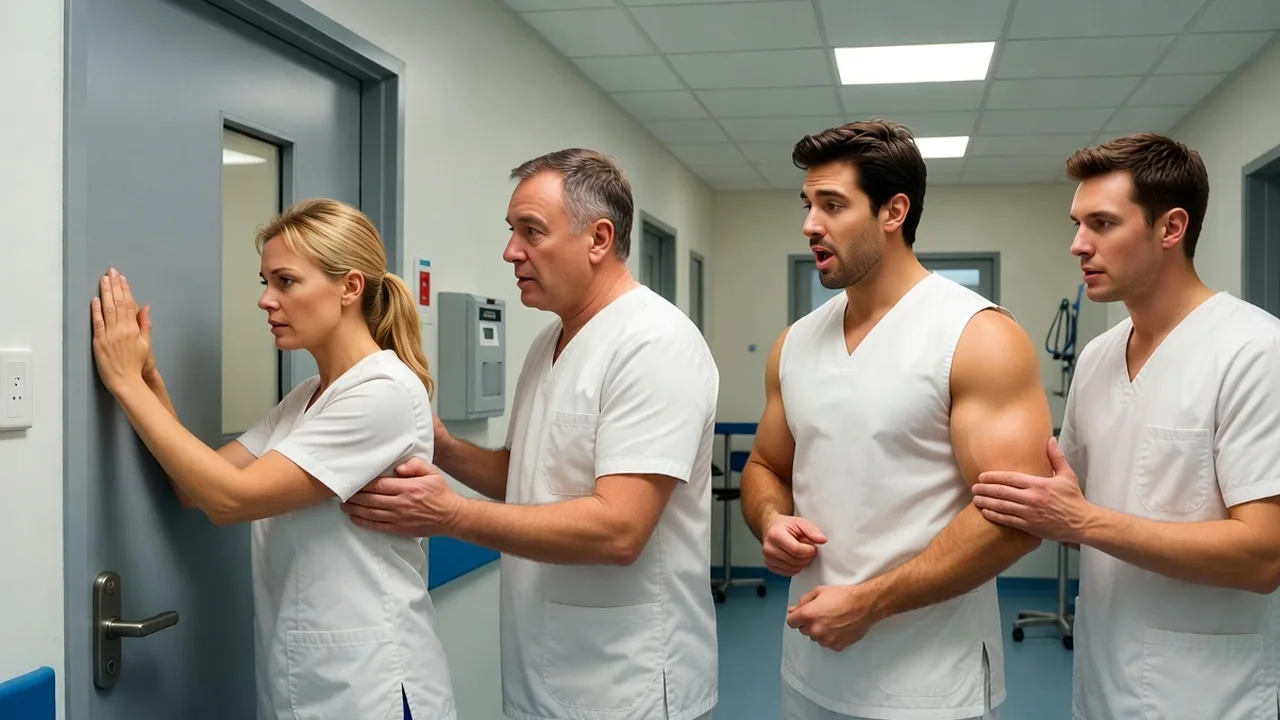 Γυναίκα σε διάδρομο νοσοκομείου με χιουμοριστική ατμόσφαιρα και έκπληξη