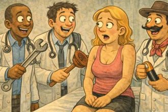 Γυναίκα ξαπλωμένη σε εξεταστικό κρεβάτι κοιτά με απορία τρεις άντρες με πινέλα και φόρμες μπογιατζήδων, ενώ τοίχοι γύρω της είναι μισοβαμμένοι.