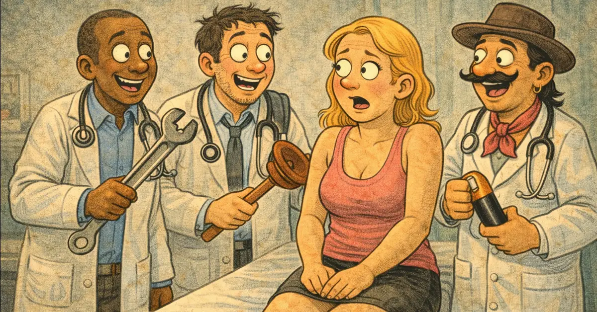 Γυναίκα ξαπλωμένη σε εξεταστικό κρεβάτι κοιτά με απορία τρεις άντρες με πινέλα και φόρμες μπογιατζήδων, ενώ τοίχοι γύρω της είναι μισοβαμμένοι.