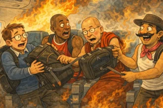 Μέσα σε αεροπλάνο σε κατάσταση πανικού, ο Μπιλ Γκέιτς πηδάει με σακίδιο πατάτες αντί για αλεξίπτωτο, ενώ ο Δαλάι Λάμα και ο γύφτος τον κοιτούν αποσβολωμένοι.