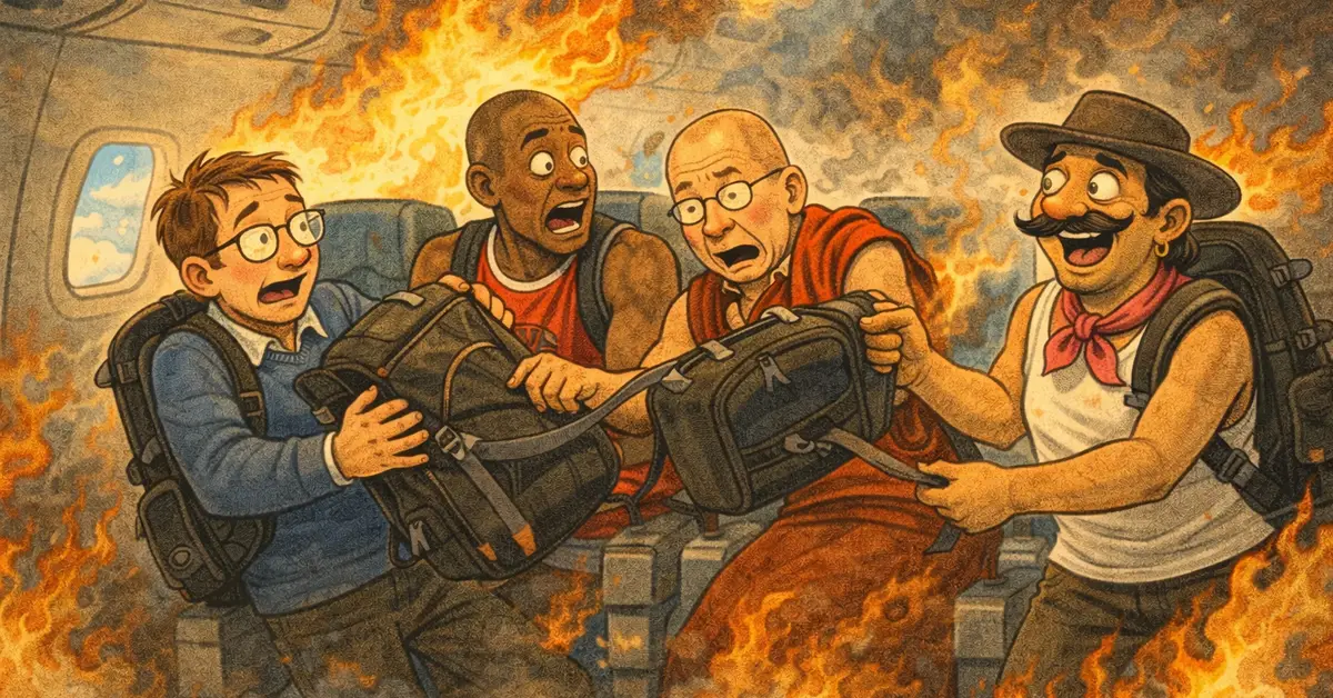 Μέσα σε αεροπλάνο σε κατάσταση πανικού, ο Μπιλ Γκέιτς πηδάει με σακίδιο πατάτες αντί για αλεξίπτωτο, ενώ ο Δαλάι Λάμα και ο γύφτος τον κοιτούν αποσβολωμένοι.