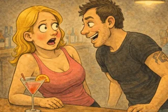 Άντρας και γυναίκα κάθονται στο μπαρ, εκείνος χαμογελά πονηρά ενώ εκείνη τον κοιτά τρομαγμένη, με φόντο χαμηλό φωτισμό και ποτά.