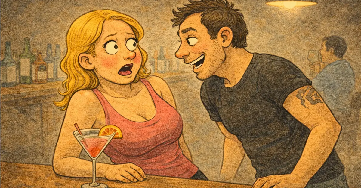 Άντρας και γυναίκα κάθονται στο μπαρ, εκείνος χαμογελά πονηρά ενώ εκείνη τον κοιτά τρομαγμένη, με φόντο χαμηλό φωτισμό και ποτά.