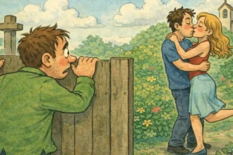 Γεμάτος ήλιος κήπος με ζευγάρια που χαλαρώνουν πάνω στο γρασίδι, ένας περαστικός κοιτά απορημένος και στο βάθος φαίνεται ένα μεγάλο σπίτι με επιγραφή «Λαϊκή αγορά».