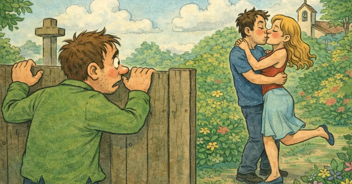 Γεμάτος ήλιος κήπος με ζευγάρια που χαλαρώνουν πάνω στο γρασίδι, ένας περαστικός κοιτά απορημένος και στο βάθος φαίνεται ένα μεγάλο σπίτι με επιγραφή «Λαϊκή αγορά».