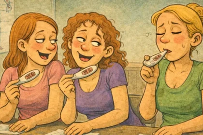 Τρεις γυναίκες με θερμόμετρα ενώ οι άλλες δύο προσπαθούν να μην σκάσουν στα γέλια.