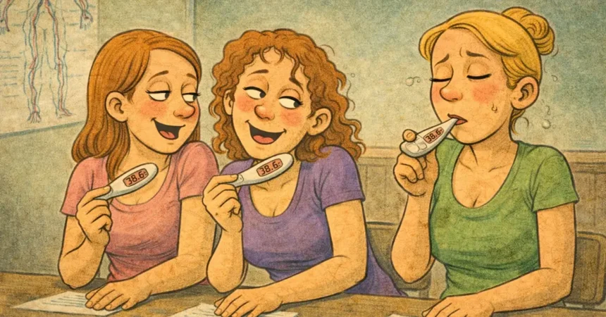 Τρεις γυναίκες με θερμόμετρα ενώ οι άλλες δύο προσπαθούν να μην σκάσουν στα γέλια.