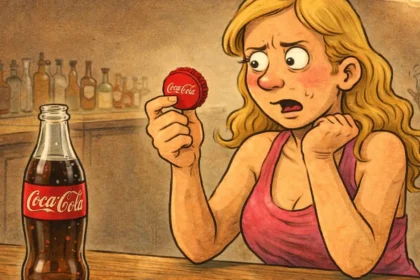 Ξανθιά γυναίκα κοιτάει με απορία ένα καπάκι Coca-Cola