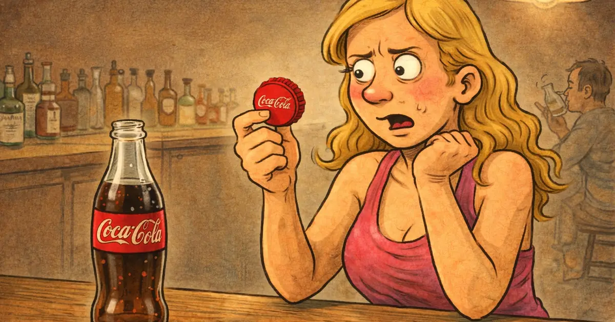 Ξανθιά γυναίκα κοιτάει με απορία ένα καπάκι Coca-Cola