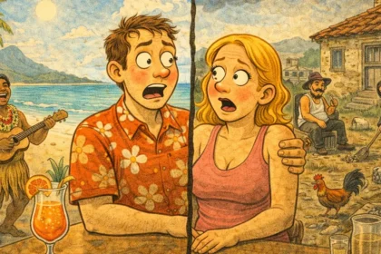 Ζευγάρι κάθεται στον καναπέ, εκείνος απελπισμένος κρατά το κεφάλι του κι εκείνη του δείχνει φωτογραφίες διακοπών στη Χαβάη γελώντας.