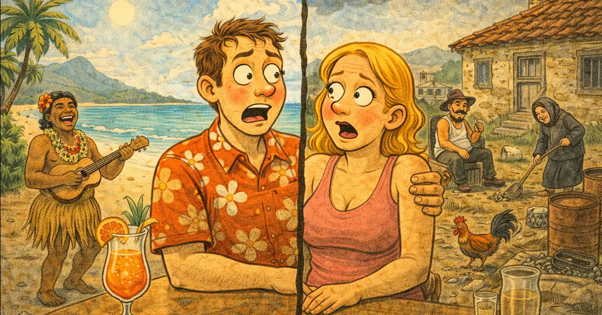 Ζευγάρι κάθεται στον καναπέ, εκείνος απελπισμένος κρατά το κεφάλι του κι εκείνη του δείχνει φωτογραφίες διακοπών στη Χαβάη γελώντας.