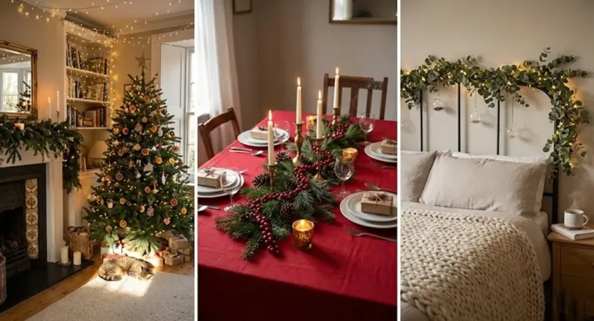 Ζεστά χριστουγεννιάτικα φωτάκια και διακόσμηση σε ήρεμο σπίτι