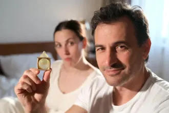 Ζευγάρι συζητά με χιούμορ στο σπίτι για ολυμπιακά προφυλακτικά και μετάλλια