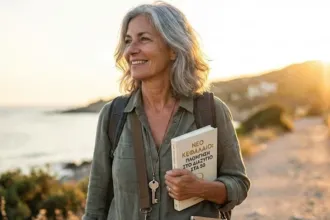 Γυναίκα γύρω στα 50 απολαμβάνει μια βόλτα στη θάλασσα και σκέφτεται μια νέα αρχή μετά το διαζύγιο