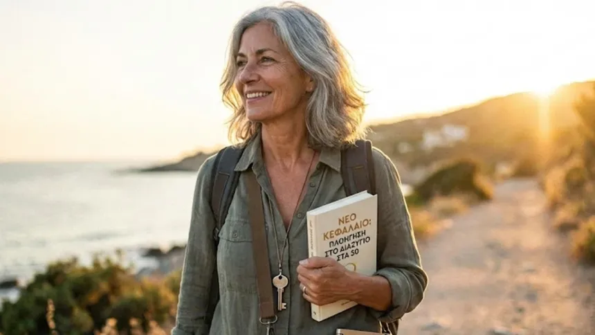 Γυναίκα γύρω στα 50 απολαμβάνει μια βόλτα στη θάλασσα και σκέφτεται μια νέα αρχή μετά το διαζύγιο