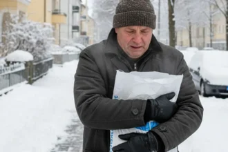 Γερμανός πολίτης κοιτάζει με απόγνωση το χιονισμένο πεζοδρόμιο κρατώντας μια σακούλα με αλάτι.