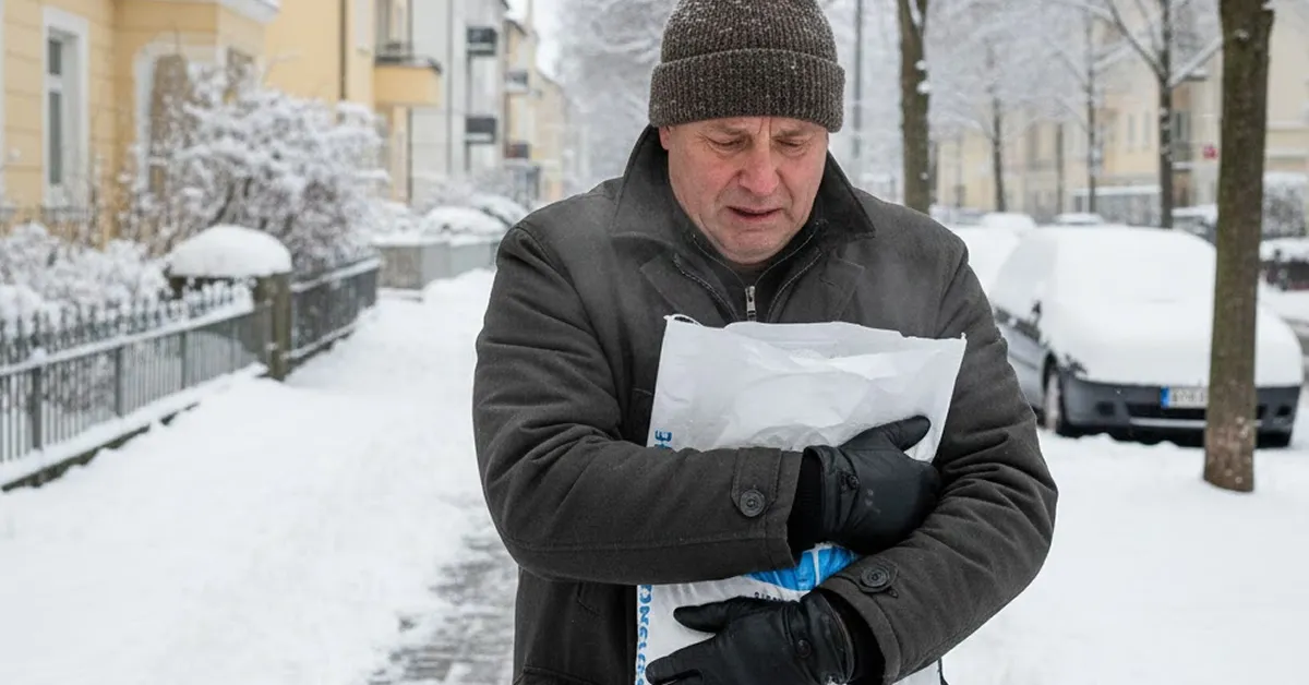 Γερμανός πολίτης κοιτάζει με απόγνωση το χιονισμένο πεζοδρόμιο κρατώντας μια σακούλα με αλάτι.