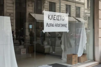 Κλειστή βιτρίνα καταστήματος σε εμπορικό δρόμο με πινακίδα "Κλειστό λόγω απογραφής