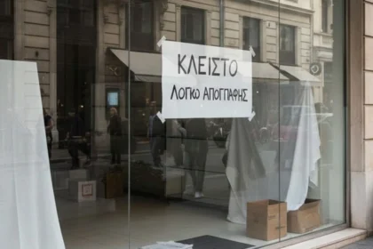 Κλειστή βιτρίνα καταστήματος σε εμπορικό δρόμο με πινακίδα "Κλειστό λόγω απογραφής