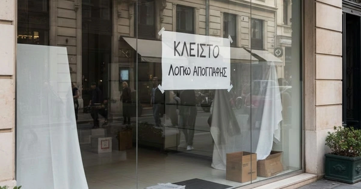 Κλειστή βιτρίνα καταστήματος σε εμπορικό δρόμο με πινακίδα "Κλειστό λόγω απογραφής