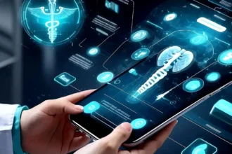 Ένας άνδρας κοιτάζει με αγωνία το smartphone του ενώ στην οθόνη εμφανίζονται ιατρικά σύμβολα και γραφήματα.