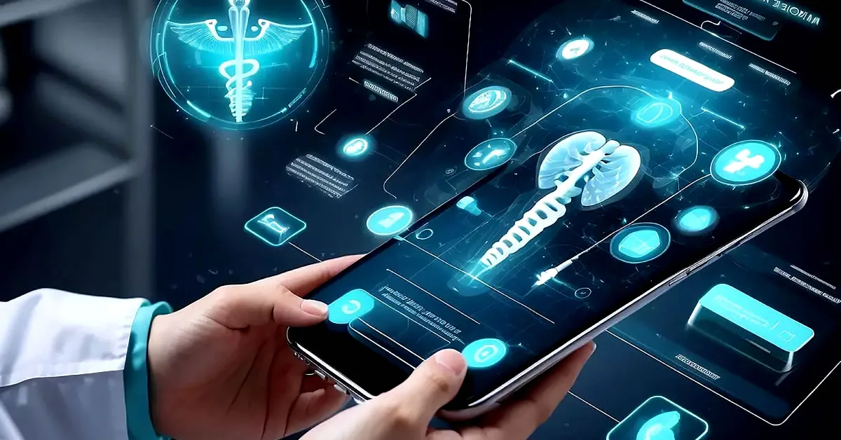 Ένας άνδρας κοιτάζει με αγωνία το smartphone του ενώ στην οθόνη εμφανίζονται ιατρικά σύμβολα και γραφήματα.