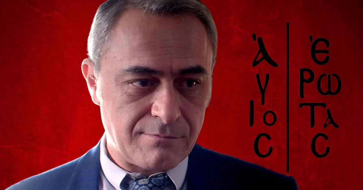 Ο Κυριάκος Παυλίδης με έκφραση βαθιάς απόγνωσης και οργής, καθώς συνειδητοποιεί την εμπλοκή των γιων του στον υπόκοσμο, στη σειρά Άγιος Έρωτας.