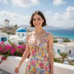 Η πρωταγωνίστρια του «Emily in Paris», Lily Collins, με εντυπωσιακό παριζιάνικο outfit, με φόντο τα λευκά σπίτια της Πάρου
