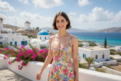 Η πρωταγωνίστρια του «Emily in Paris», Lily Collins, με εντυπωσιακό παριζιάνικο outfit, με φόντο τα λευκά σπίτια της Πάρου