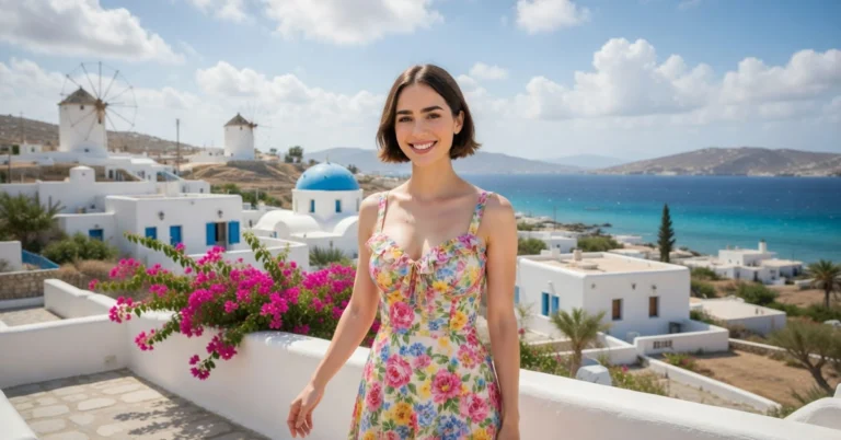 Η πρωταγωνίστρια του «Emily in Paris», Lily Collins, με εντυπωσιακό παριζιάνικο outfit, με φόντο τα λευκά σπίτια της Πάρου