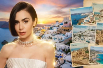 Η ηθοποιός Lily Collins ως Emily Cooper σε σκηνή της σειράς Emily in Paris, ετοιμάζοντας βαλίτσες για τα νέα γυρίσματα στην Ελλάδα και το Μονακό.