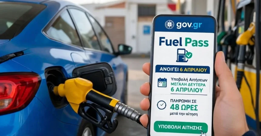 Ένας οδηγός βάζει βενζίνη στο αυτοκίνητό του, περιμένοντας να ανοίξει η πλατφόρμα για το Fuel Pass εν μέσω μεγάλων αυξήσεων στο πασχαλινό τραπέζι.