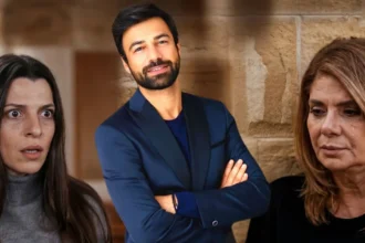 Η Ασπασία λυγισμένη από τις ενοχές λίγο πριν το τραγικό της τέλος, ενώ στο άλλο κάδρο η Βασιλική αντικρίζει σοκαρισμένη τον Στέφανο, στη σειρά Η Γη της Ελιάς.