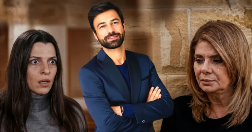 Η Ασπασία λυγισμένη από τις ενοχές λίγο πριν το τραγικό της τέλος, ενώ στο άλλο κάδρο η Βασιλική αντικρίζει σοκαρισμένη τον Στέφανο, στη σειρά Η Γη της Ελιάς.